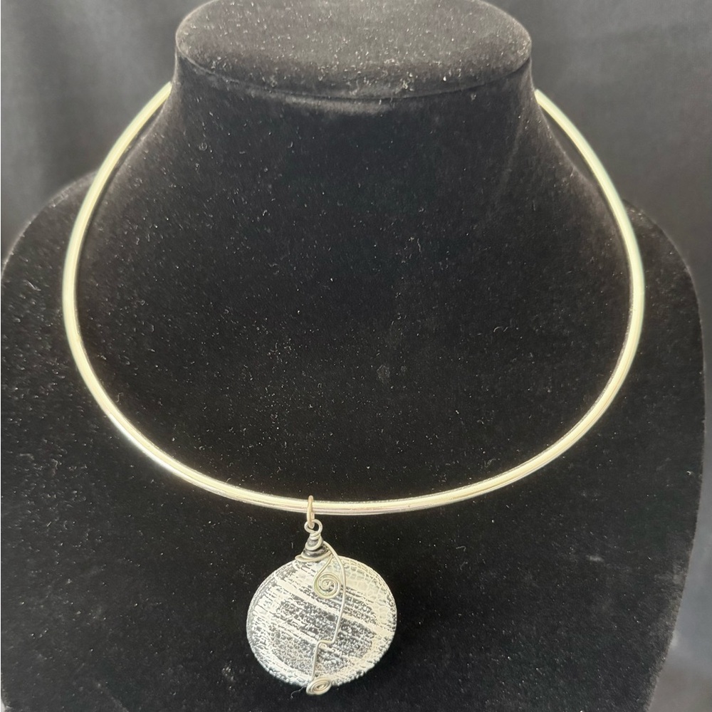 Artisan Handmade Silver Necklace w/ Wire Wrapped Black and White Pendant